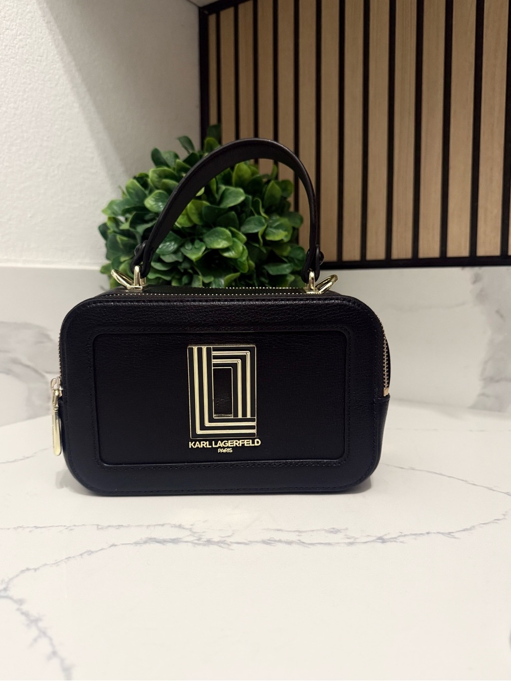 Karl Lagerfeld Black Mini Top-Handle Box Bag with Gold Logo